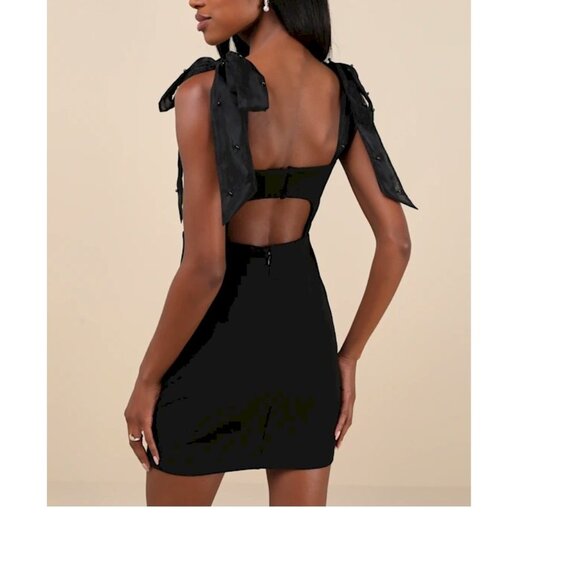 Lulus Beaming Perfection Black Pearl Organza Straps Mini Dress Size Medium NWOT - Picture 2 of 5